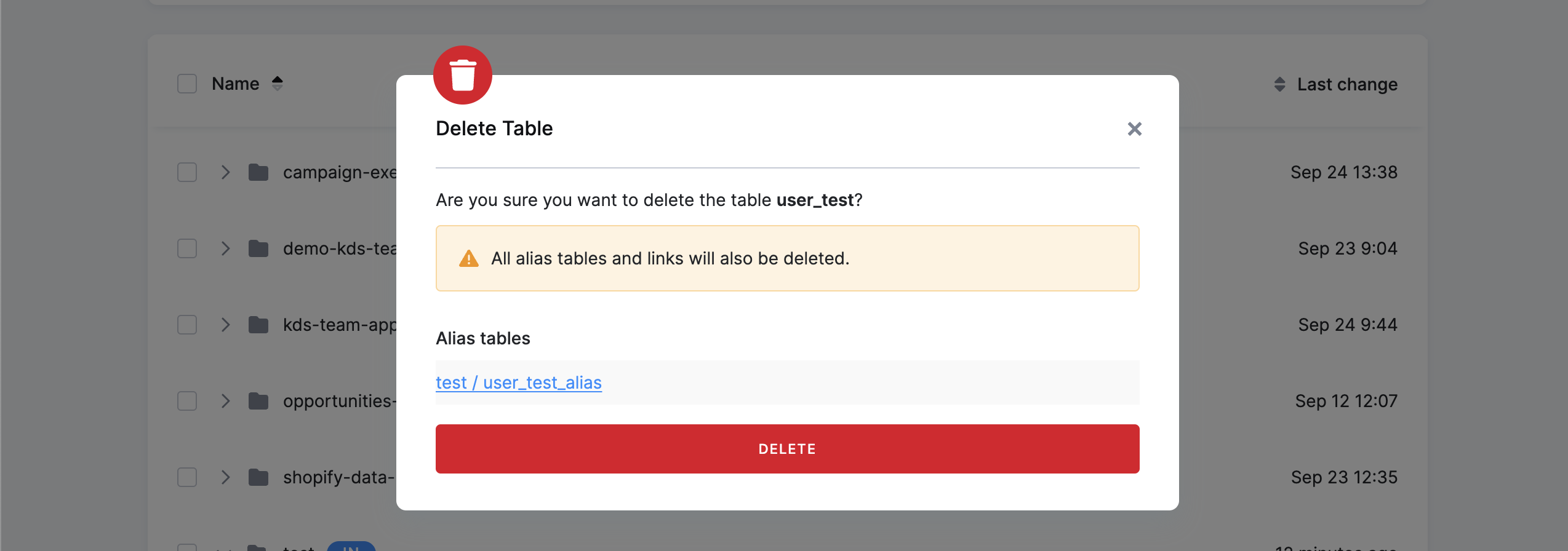 Screenshot - Deleting table having aliases